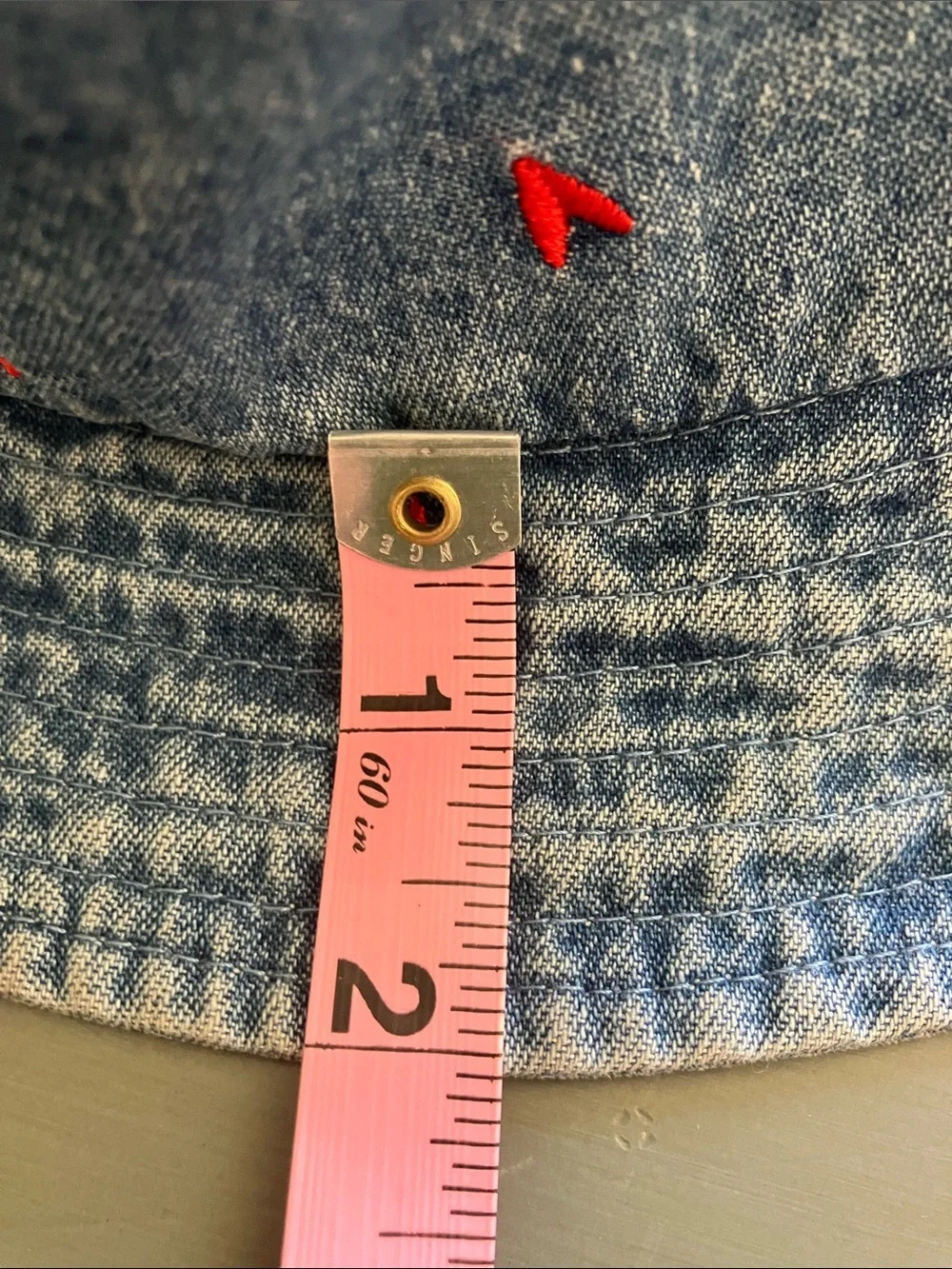 ZARA Kids Faded Denim Bucket Hat w/ Red Heart Embroidery OS Pre-Loved